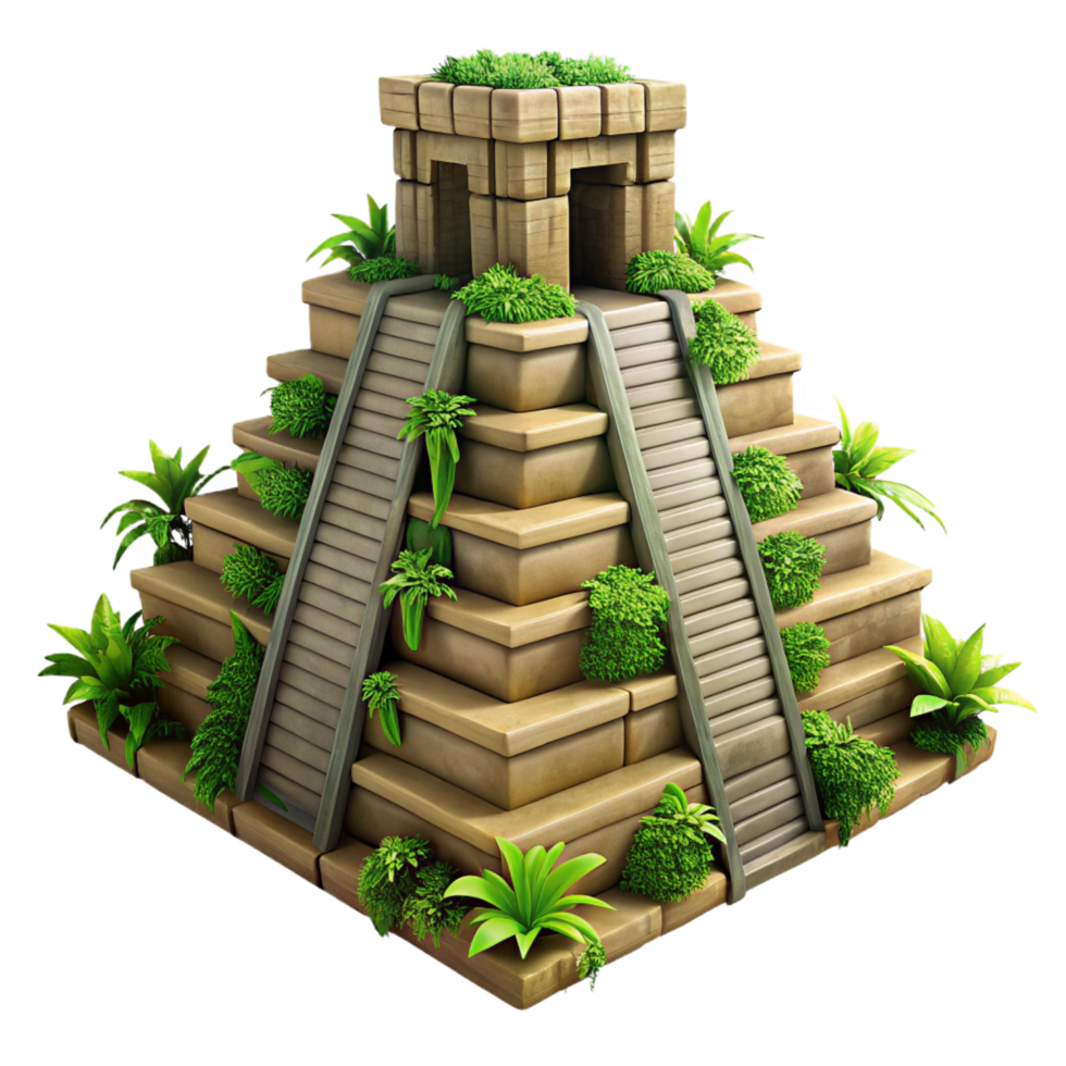 dazzling remarkable A Mayan pyramid in the jungle, overgrown with vines, mysterious atmosphere, ancient civilization, realistic, png