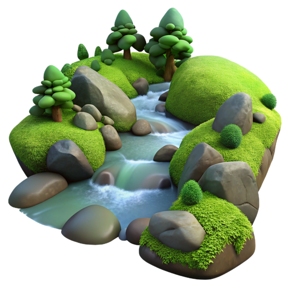 sumptuous distinctive A babbling brook flowing through a forest, mossy rocks, tranquil and serene, long exposure, png