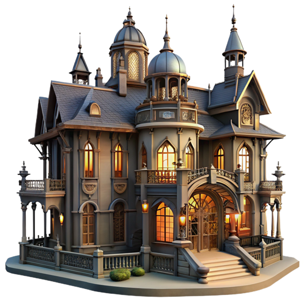 exquisite coveted A sprawling art nouveau mansion with intricate ironwork and stained glass, dramatic chiaroscuro lighting, art nouveau style png
