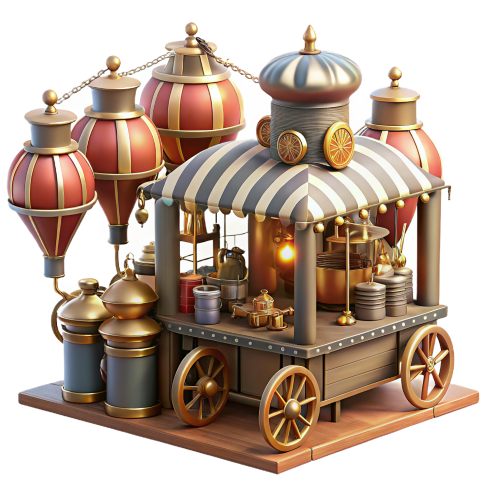 energetic vibrant A bustling steampunk marketplace, filled with vendors selling strange gadgets and contraptions. Bright, midday lighting. Concept art style exclusive png