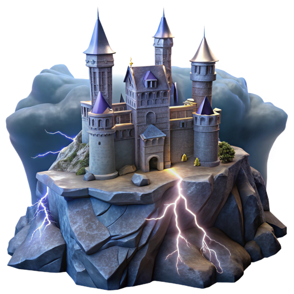 sought after contemporary Medieval castle on a rocky cliff, stormy skies and lightning strikes, dramatic lighting, dark fantasy style 4K png