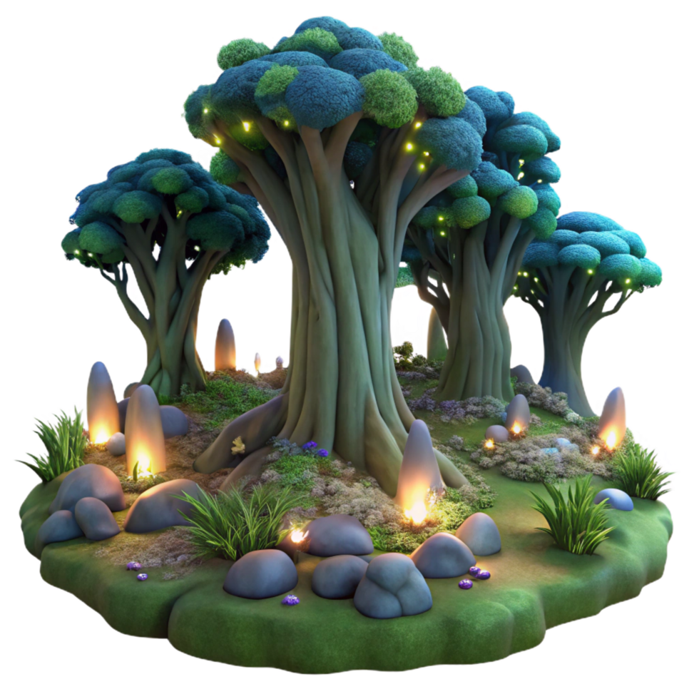 vibrant joyful art deco A hidden grove of ancient trees with glowing bioluminescent moss, magical twilight lighting, in a fantasy realism style ultra HD png