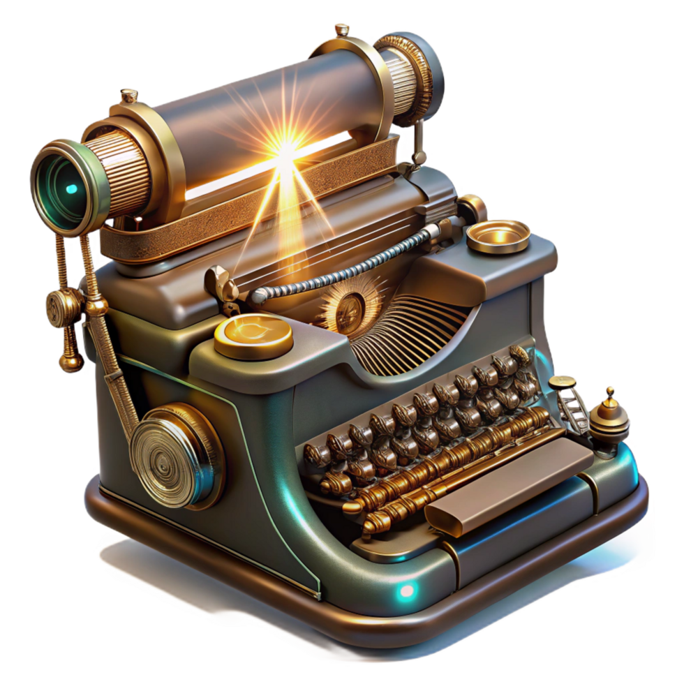 magnificent notable A steampunk typewriter, with intricate keys and glowing vacuum tubes, displaying a partially typed message, lit by a focused beam of light png