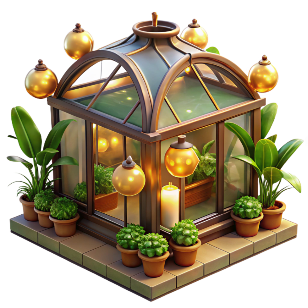 gorgeous coastal A steampunk greenhouse, filled with exotic mechanical plants and glowing orbs, bathed in the warm light of artificial suns, in a lush, botanical style museum quality png