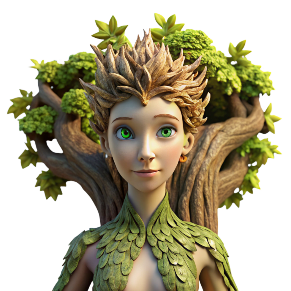 romantic splendid A graceful dryad emerging from an ancient oak tree, her skin made of bark and moss, sunlight dappling through the leaves, Pre Raphaelite style, luxury png