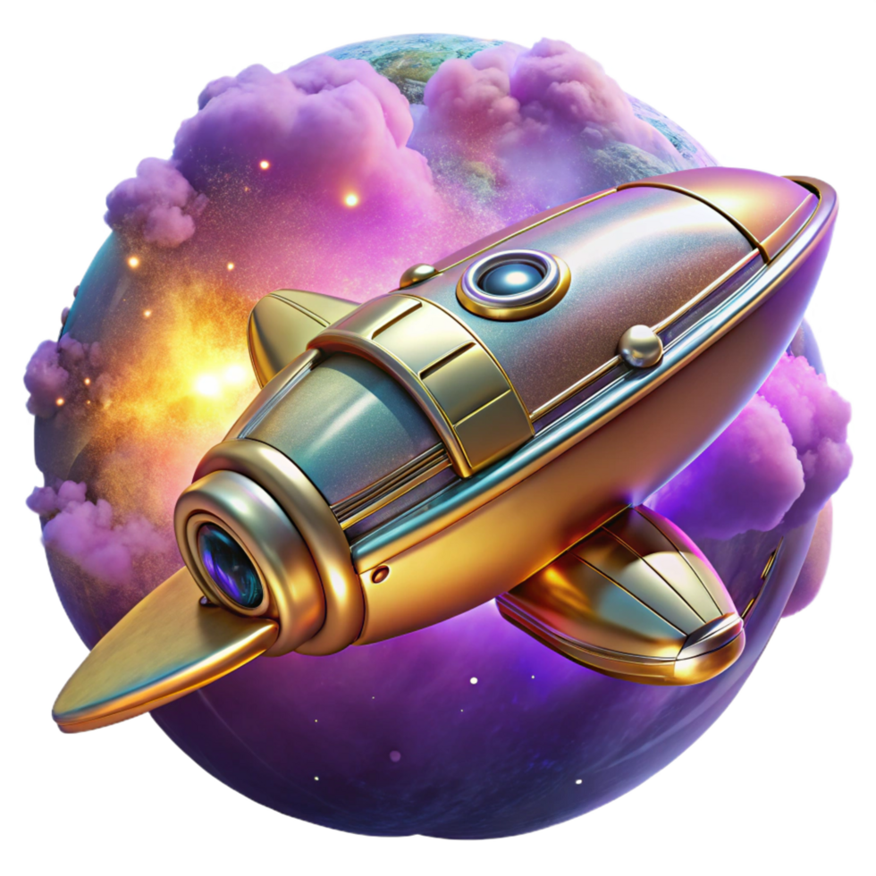 playful extraordinary A retro futuristic spaceship, chrome and brass details, flying through a nebula, illuminated by the nebula s vibrant colors, in an art deco style professional png