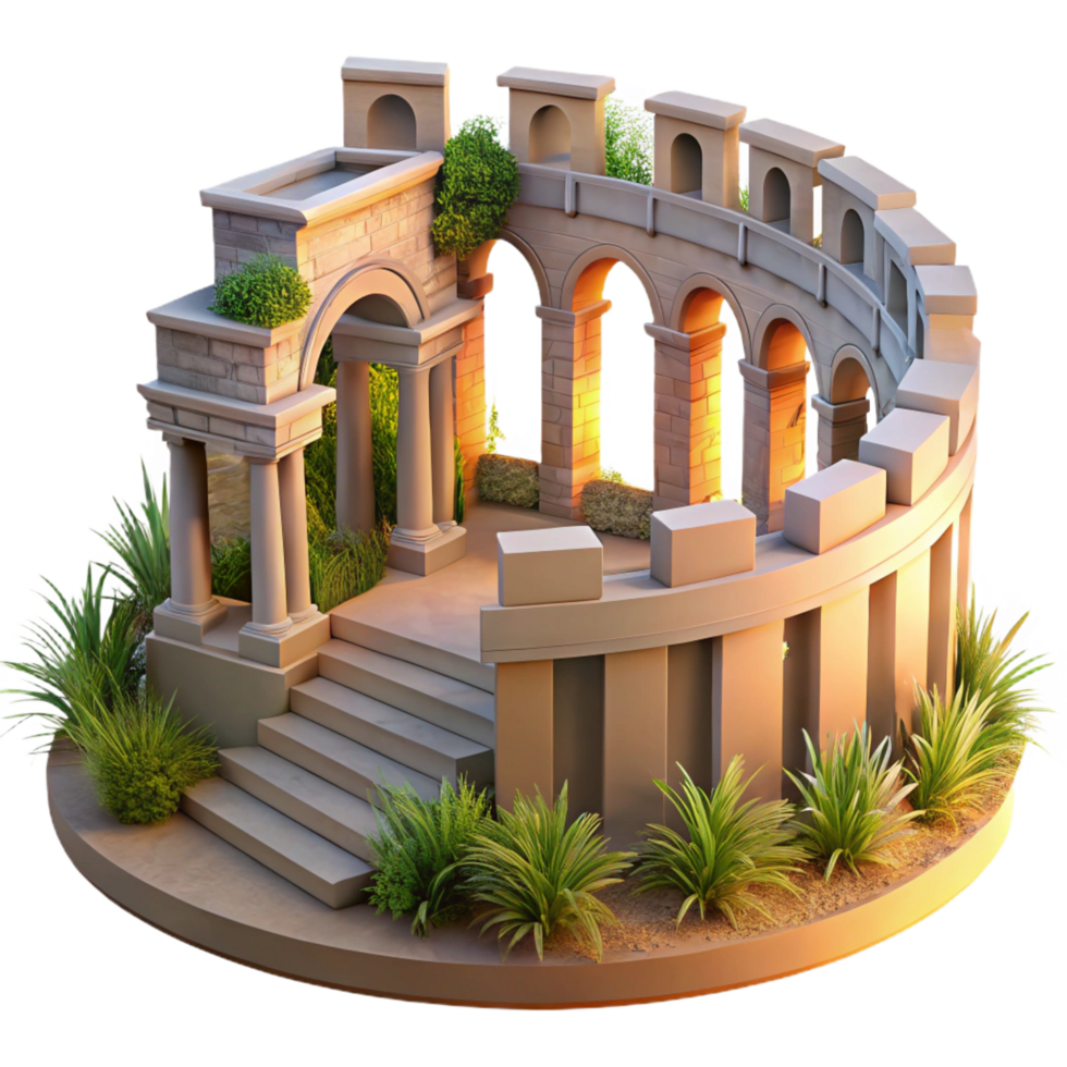 signature renaissance An ancient Roman amphitheater with crumbling walls and overgrown vegetation, soft golden sunset light, ancient Roman style high resolution png