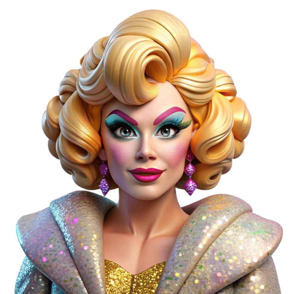 stunning distinctive Portrait of a flamboyant drag queen with extravagant makeup and a glamorous outfit, lit by bright stage lights, in a pop art style png