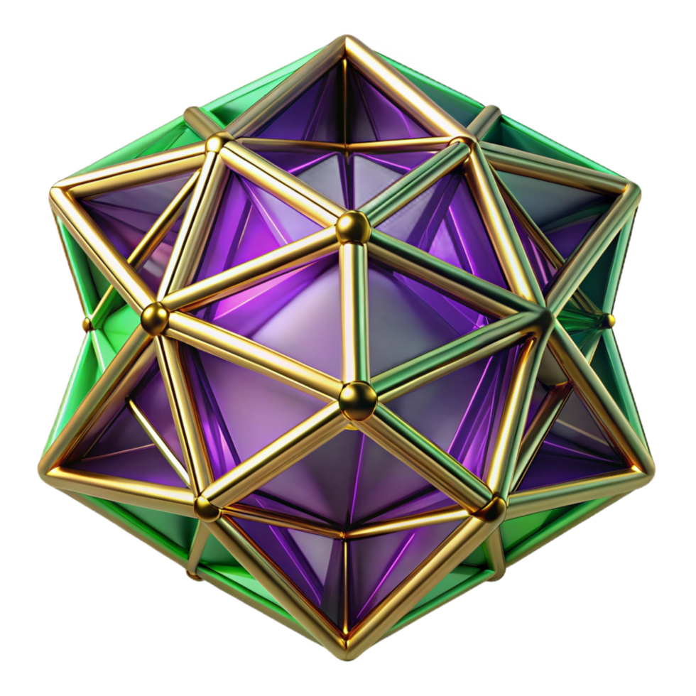 vibrant victorian Geometric fractals in shades of deep violet and emerald green, interconnected by glowing golden lines, with soft ambient lighting expertly shot png