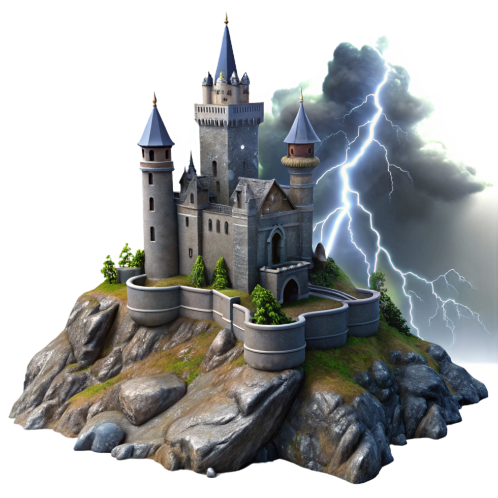 radiant standout Medieval castle on a rocky cliff, stormy skies and lightning strikes, dramatic lighting, dark fantasy style png