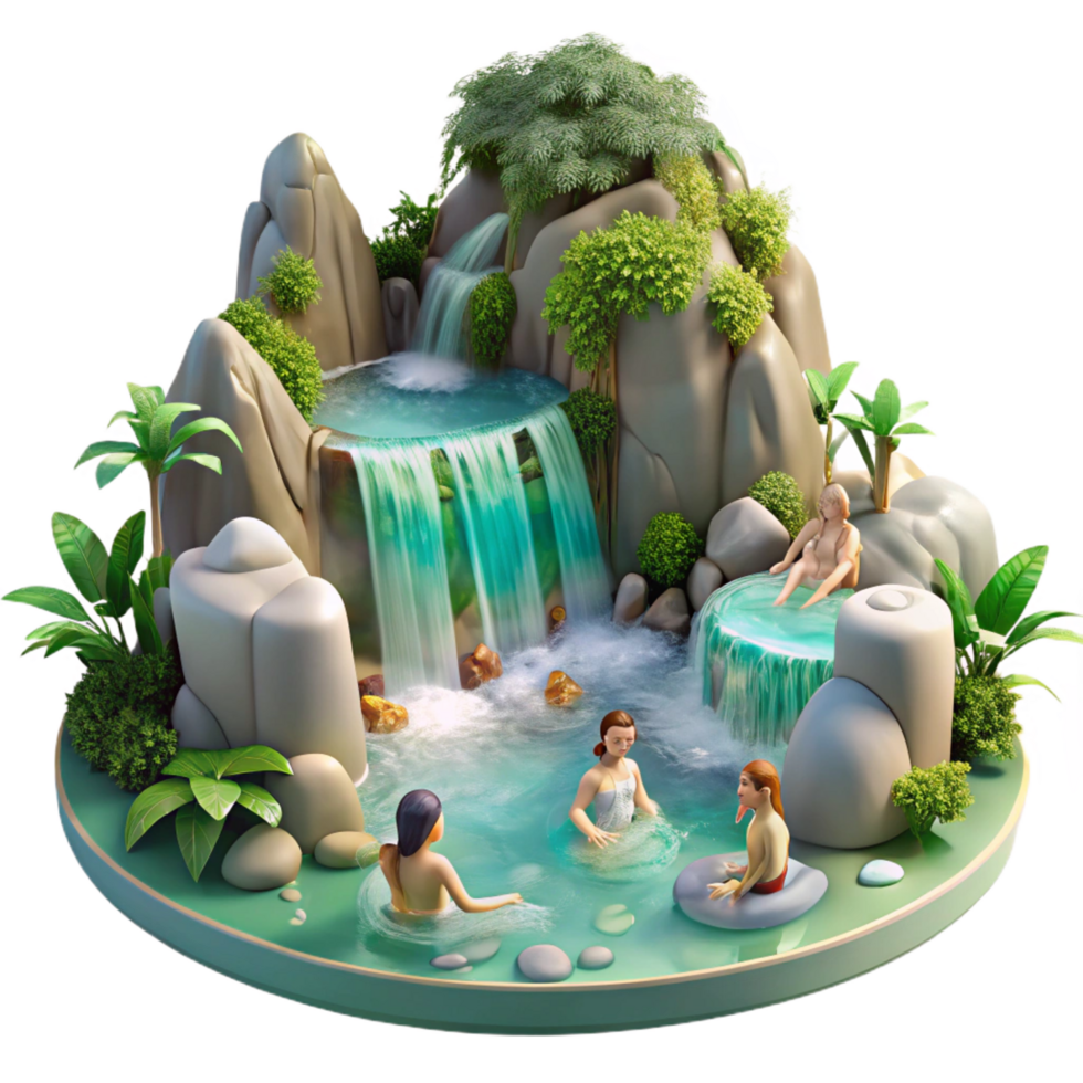sumptuous mid century A group of nymphs bathing in a crystal clear waterfall, surrounded by lush vegetation, illuminated by dappled sunlight. Romantic style authentic png