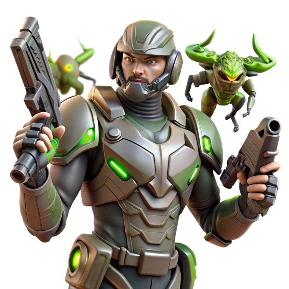 elegant organic A futuristic soldier wearing powered armor, battling alien creatures in a dense jungle. Dynamic, action packed lighting. Military sci fi style exclusive png