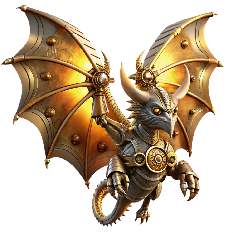 elegant classic A majestic steampunk clockwork dragon, wings spread wide, intricate gears and pipes exposed, bathed in the golden light of a setting sun. Digital painting, highly detailed flawless png