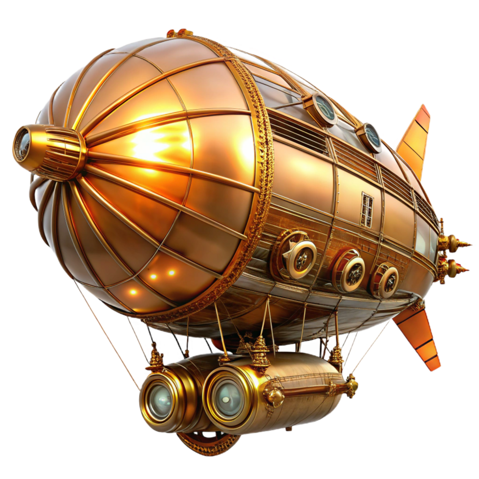 beautiful remarkable A majestic steampunk airship, copper and brass, intricate clockwork gears visible, illuminated by a golden sunset, highly detailed, cinematic lighting png