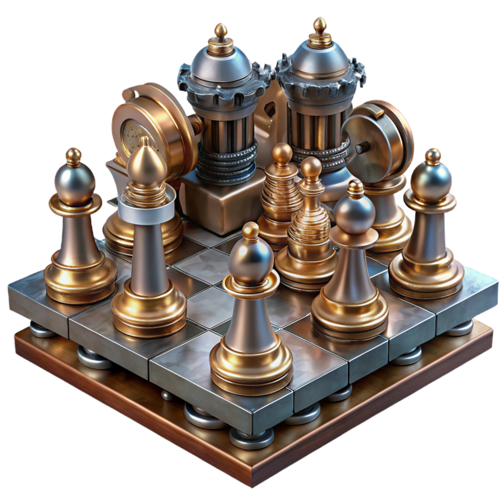 striking distinctive A steampunk chess set, pieces made of intricately carved metal, on a brass and glass board, dramatic lighting png