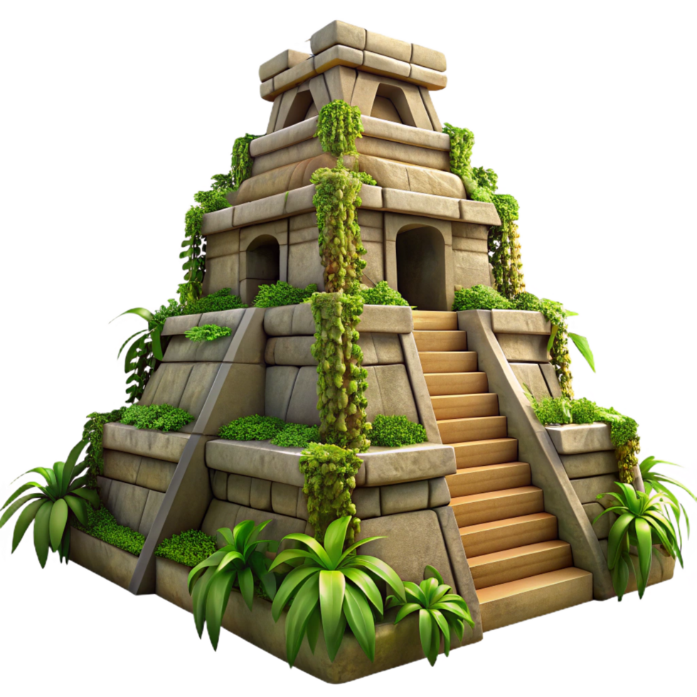 distinguished modern An ancient Mayan pyramid overgrown with jungle vines, dappled sunlight, intricate stone carvings, mysterious atmosphere, sense of ancient history precision png