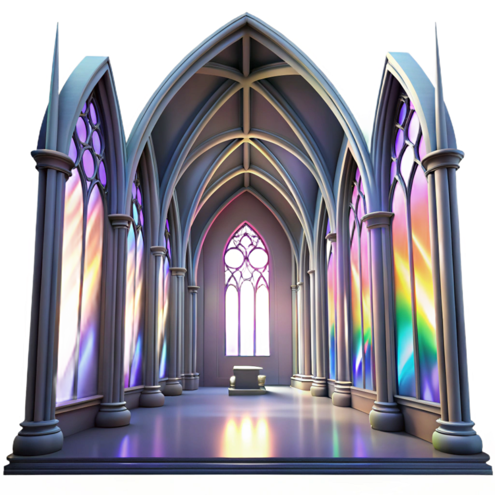 fascinating mysterious contemporary Gothic cathedral interior, stained glass windows casting colorful light, ethereal atmosphere, Greg Rutkowski, ultra HD png