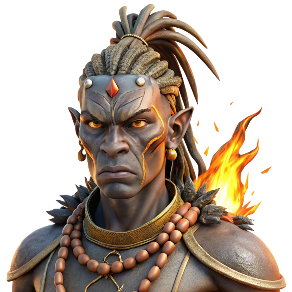 elegant futuristic Portrait of a tribal warrior adorned with intricate face paint and bone jewelry, lit by the flickering flames of a bonfire, in a gritty, realistic style impeccable png