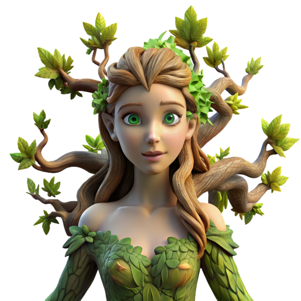 signature nordic A graceful dryad emerging from an ancient oak tree, her skin made of bark and moss, sunlight dappling through the leaves, Pre Raphaelite style, professional png