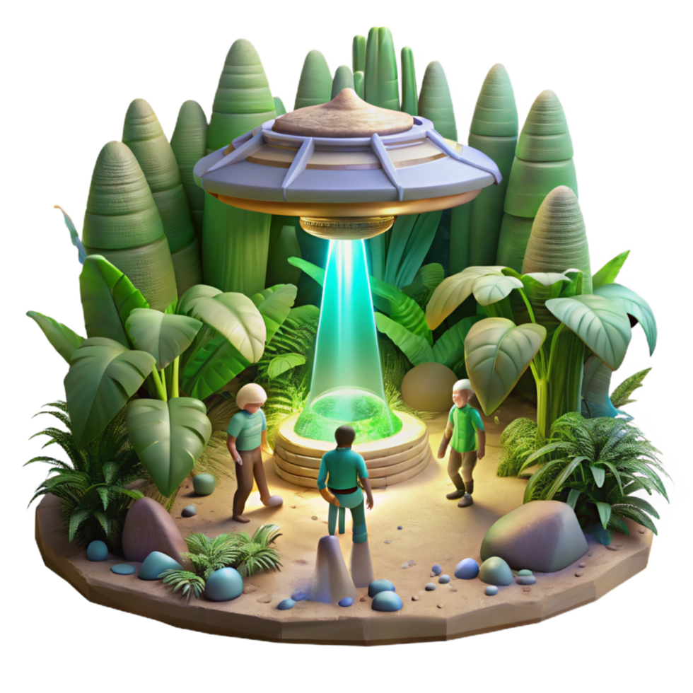 immaculate exceptional A group of explorers discovering a hidden alien temple within a dense jungle, shafts of light piercing the canopy, rendered in a lush, vibrant style png