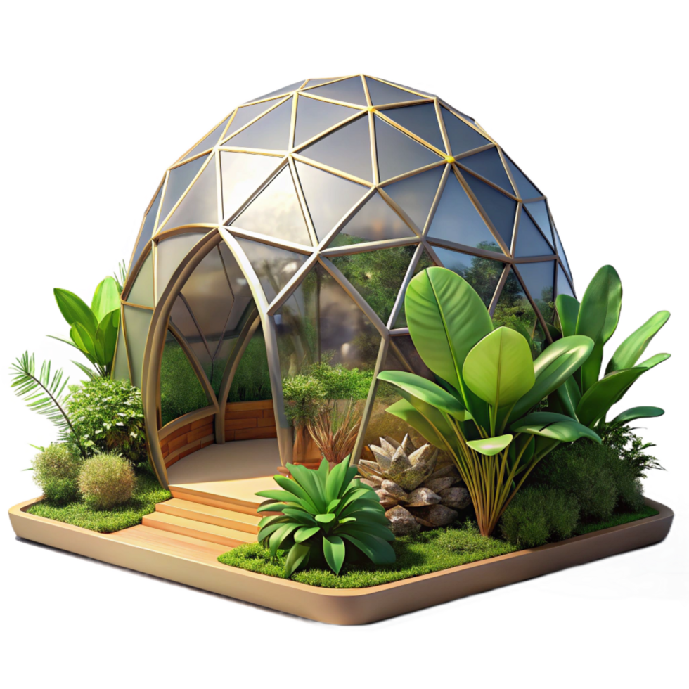 exquisite celebrated A geodesic dome housing a futuristic botanical garden, bright sunlight, lush tropical plants, geometric patterns, futuristic architecture png