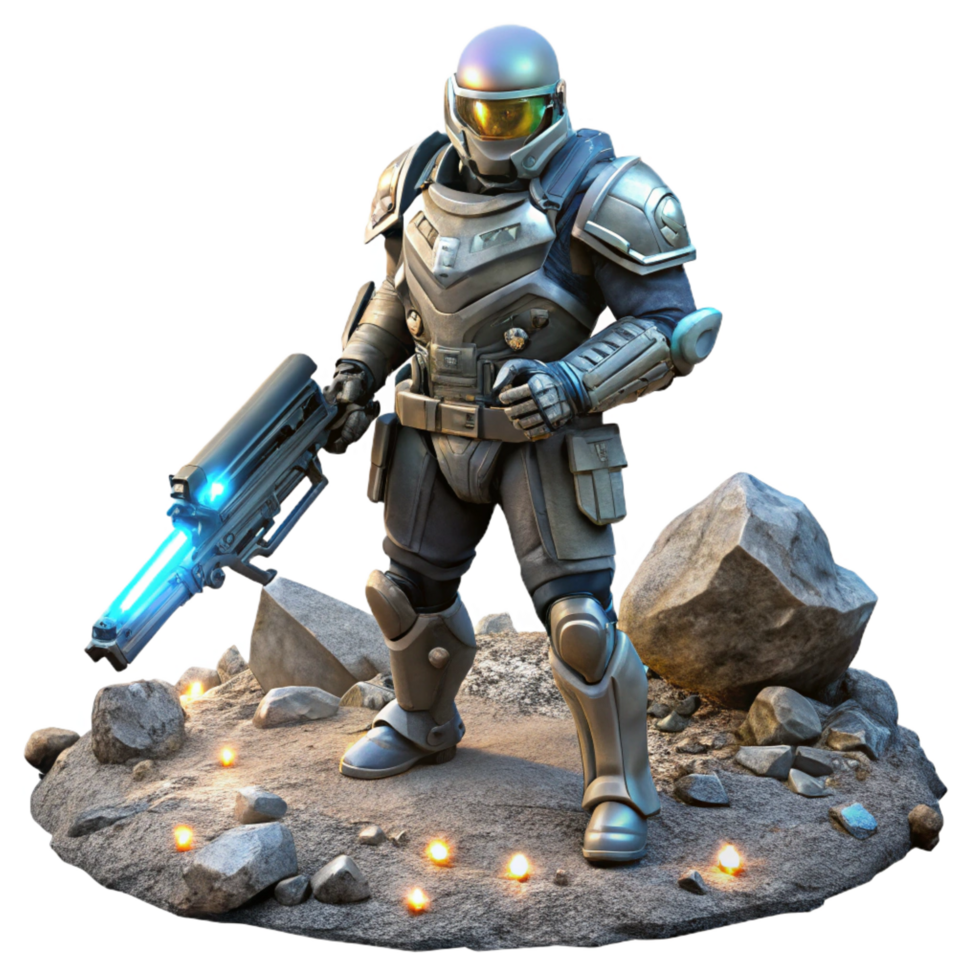 splendid dynamic art deco A futuristic soldier in power armor, holding a glowing energy rifle, standing amidst a battlefield strewn with debris, dark and gritty style, dynamic lighting luxury png