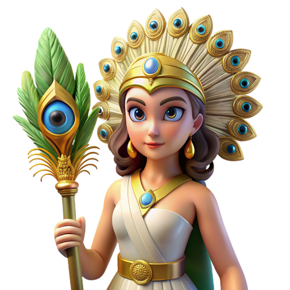 whimsical picturesque Hera, the queen of the Olympian gods, adorned with a peacock feather headdress, holding a royal scepter, bathed in soft, golden light. Neoclassical style museum quality png
