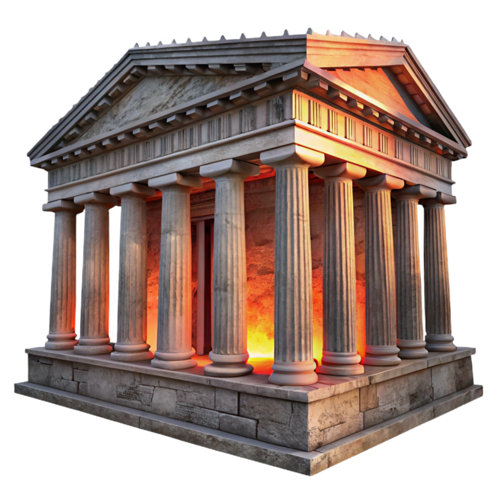 dreamy exquisite An ancient Greek temple, weathered and crumbling, dramatic sunset lighting, historical and evocative style expertly shot png