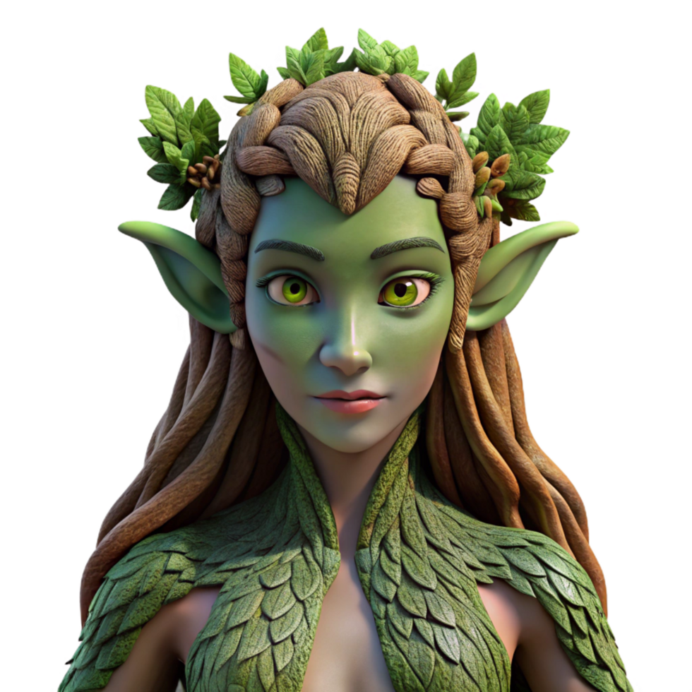 vibrant whimsical urban A serene dryad emerging from an ancient oak tree, her skin made of bark and moss, dappled with sunlight. Photorealistic style impeccable png