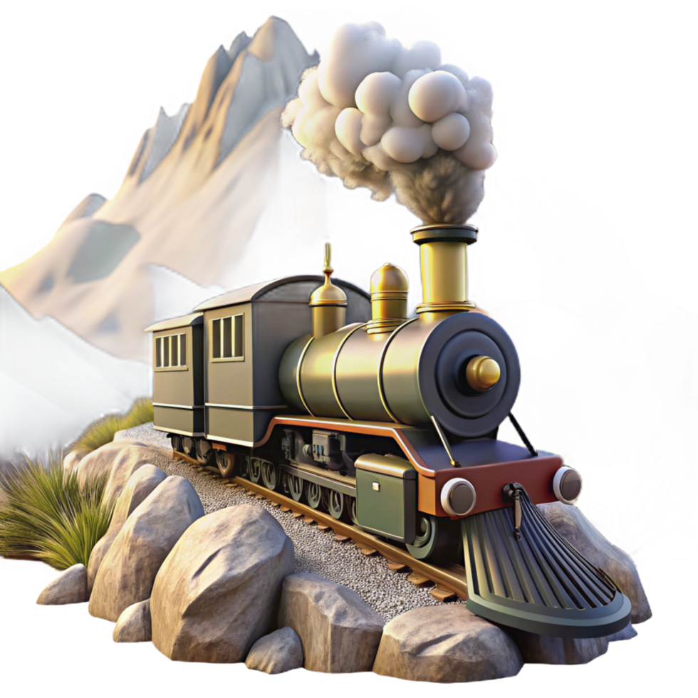 hypnotic timeless A steampunk train speeding through a mountainous landscape, emitting plumes of steam and smoke, illuminated by the bright sunlight. Natural lighting, realistic style png