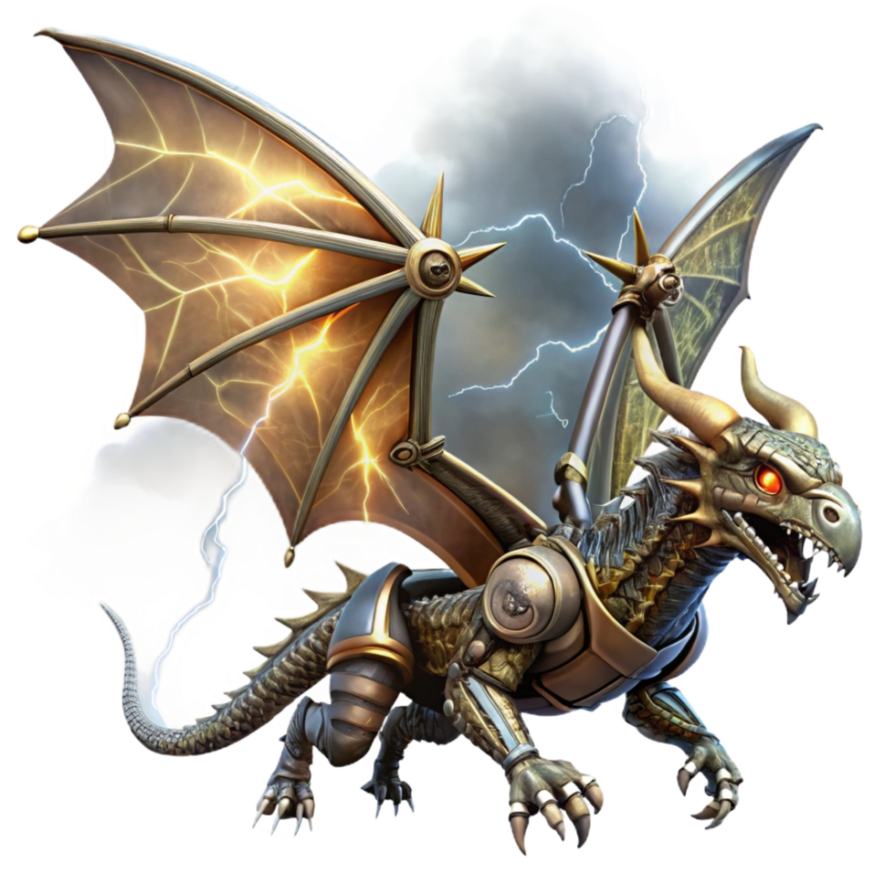 alluring renaissance A steampunk dragon, with metallic scales and steam powered wings, soaring through a stormy sky, illuminated by flashes of lightning, in a dramatic, fantasy style luxury png