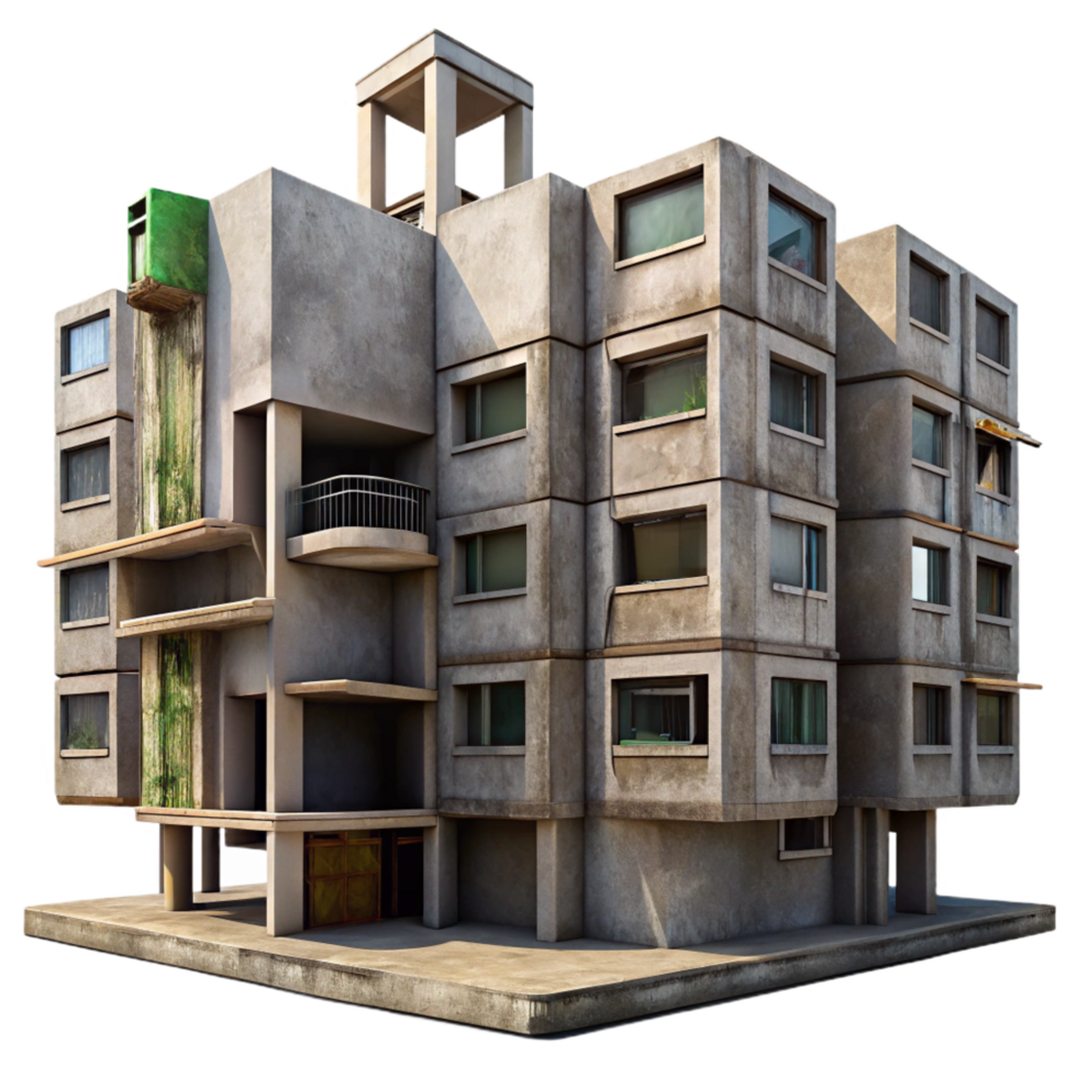 romantic dazzling A Brutalist concrete apartment complex, harsh shadows, graffiti art, urban decay, gritty realism 8K png