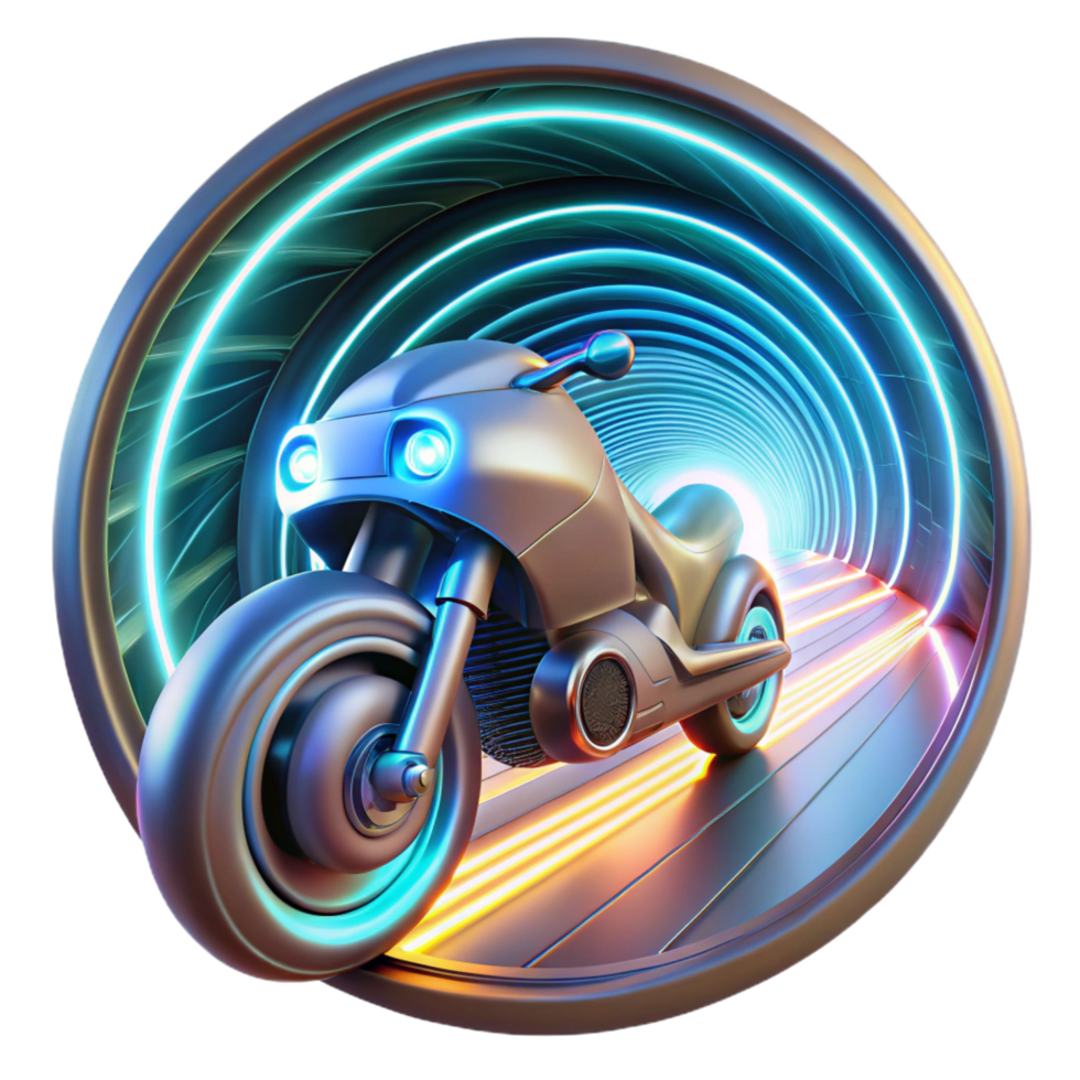 remarkable contemporary A futuristic motorcycle, with glowing neon accents, speeds through a holographic tunnel, leaving a trail of light in its wake. Dynamic, motion blur. Cyberpunk style original png