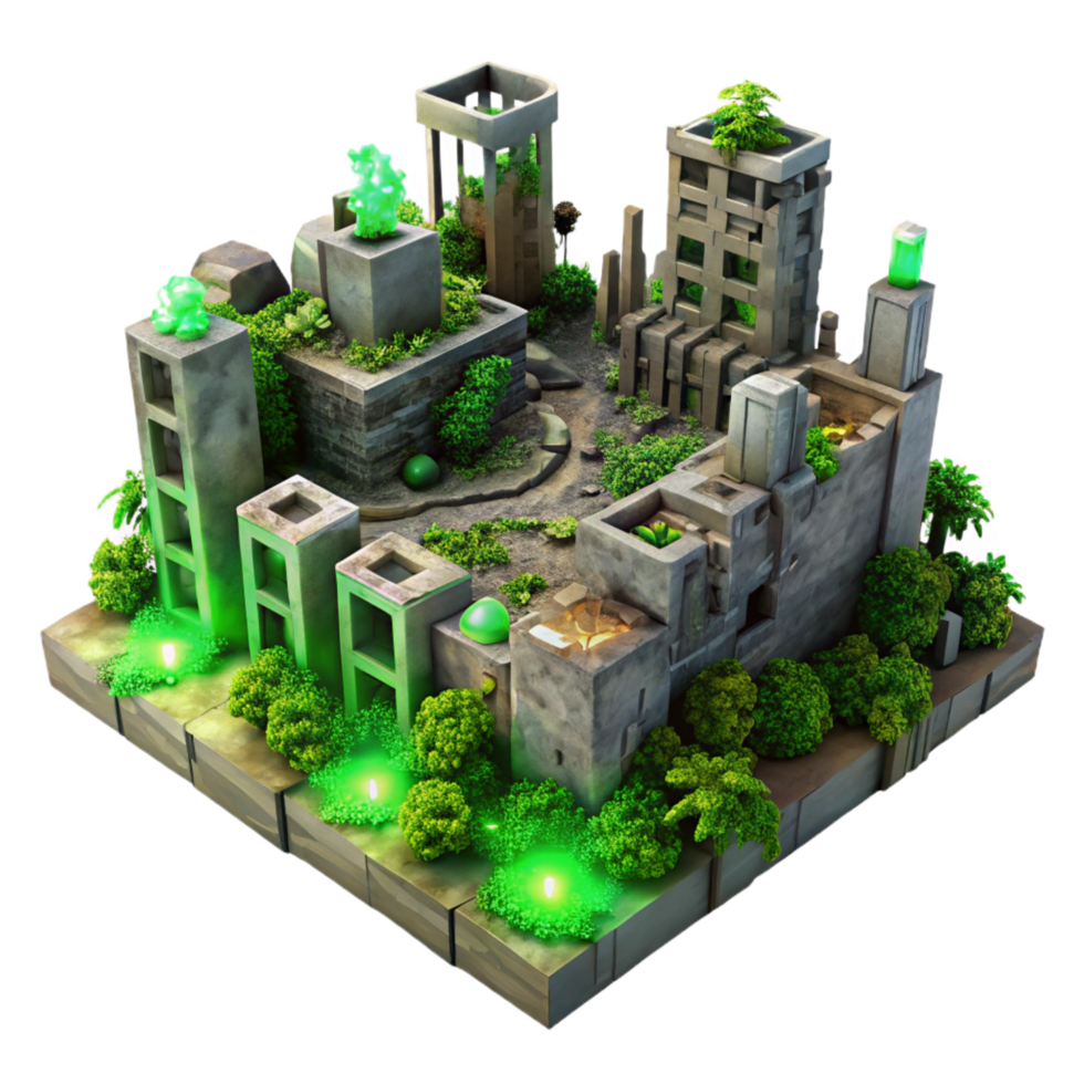 extraordinary dramatic industrial A post apocalyptic city in ruins, overgrown with vegetation, crumbling buildings, eerie green light exclusive png