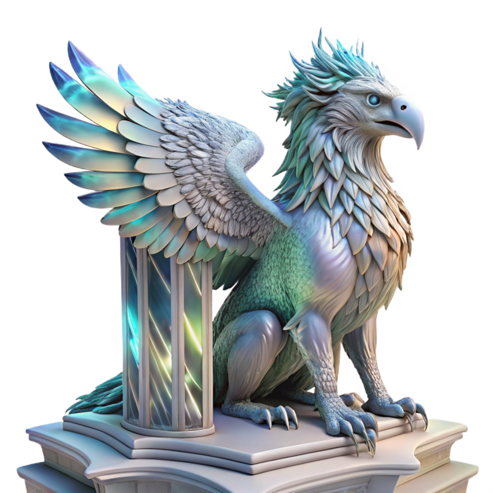 passionate extraordinary A majestic griffin with iridescent feathers, perched atop a crumbling marble altar, bathed in ethereal moonlight. Intricate, hyperrealistic style perfect clarity png