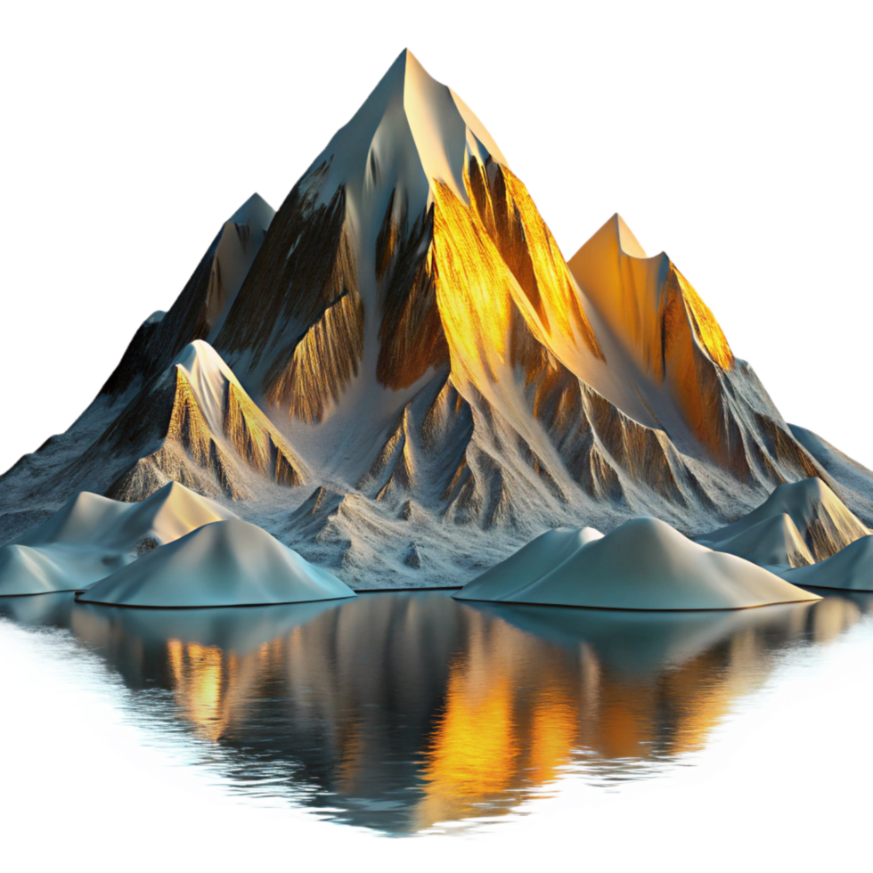mesmerizing timeless A majestic snow capped mountain range reflecting in a crystal clear alpine lake, hyperrealistic style, golden hour lighting png