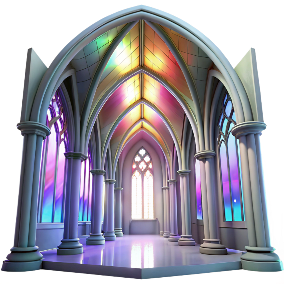 sumptuous nordic Gothic cathedral interior, stained glass windows casting colorful light, ethereal atmosphere, Greg Rutkowski, premium png