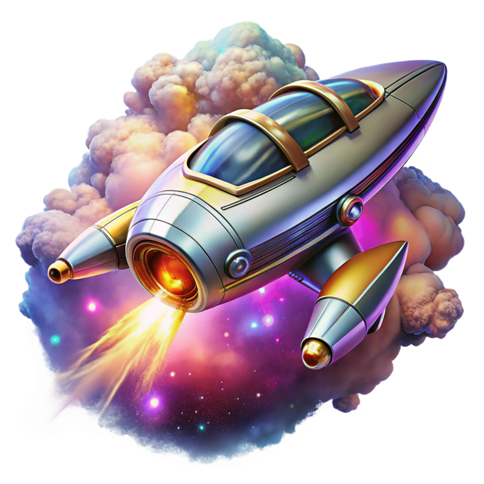 glorious joyful traditional A retro futuristic spaceship, chrome and brass details, flying through a nebula, illuminated by the nebula s vibrant colors, in an art deco style precision png