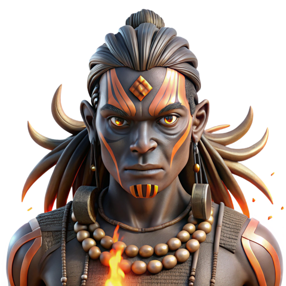 pristine nostalgic victorian Portrait of a tribal warrior adorned with intricate face paint and bone jewelry, lit by the flickering flames of a bonfire, in a gritty, realistic style exclusive png