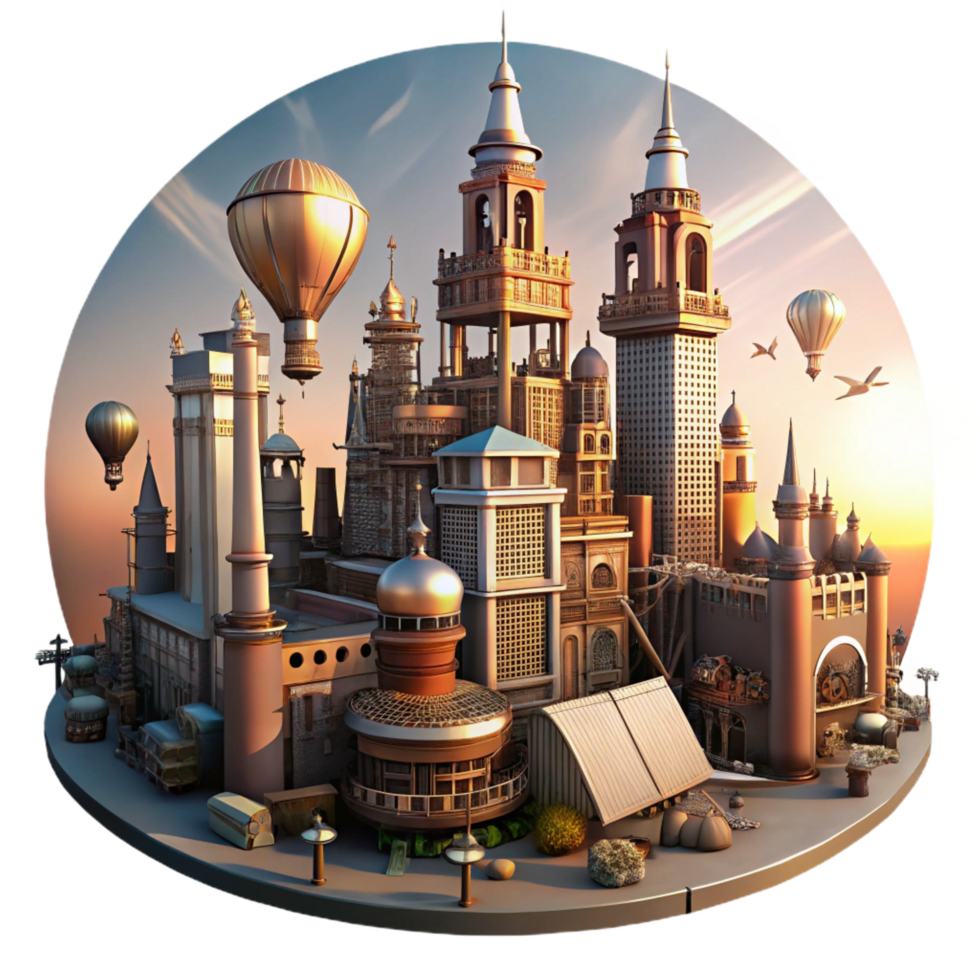 melancholic breathtaking A steampunk cityscape, towering buildings with intricate clockwork mechanisms, airships flying overhead, bathed in the warm glow of a setting sun detailed png