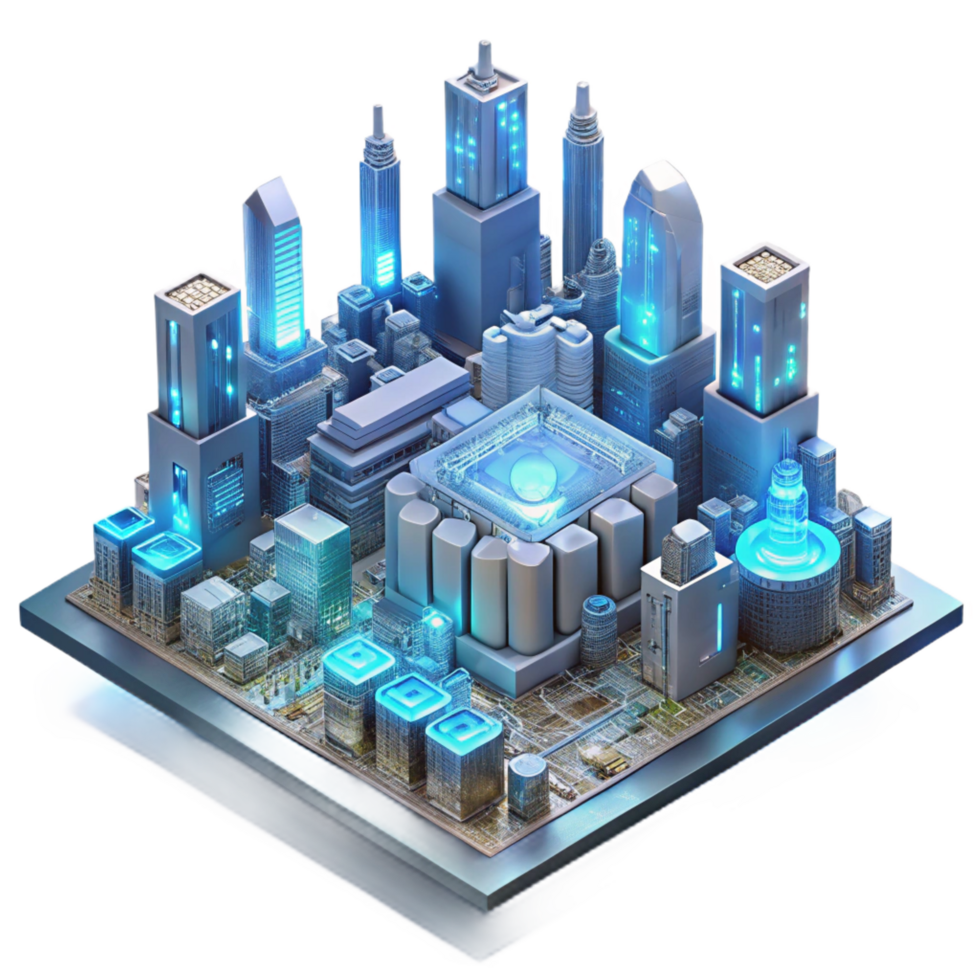 hypnotic rare A futuristic city built on a giant motherboard, glowing circuitry patterns visible below, aerial view, cyberpunk style png