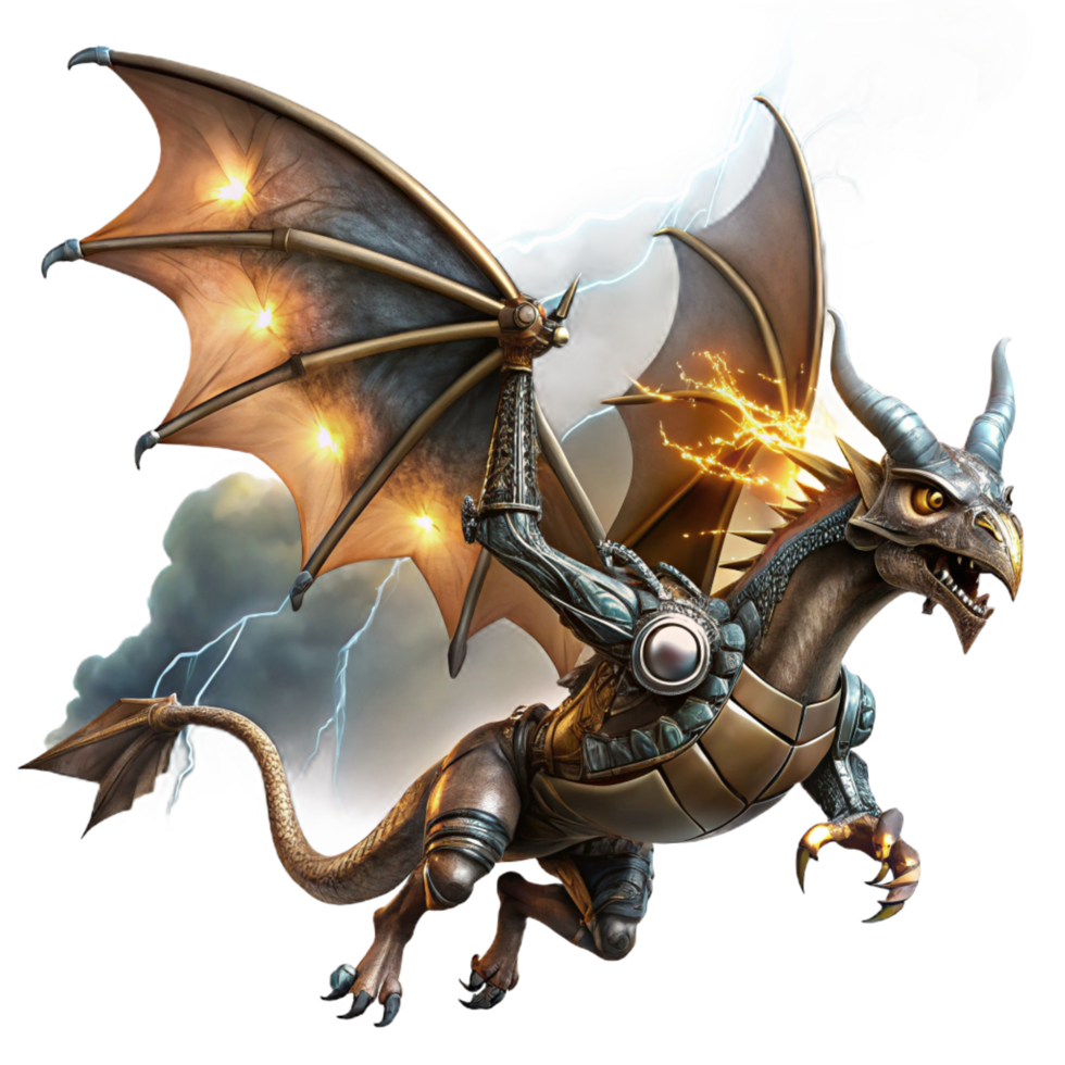 spectacular peaceful retro A steampunk dragon, with metallic scales and steam powered wings, soaring through a stormy sky, illuminated by flashes of lightning, in a dramatic, fantasy style 8K png