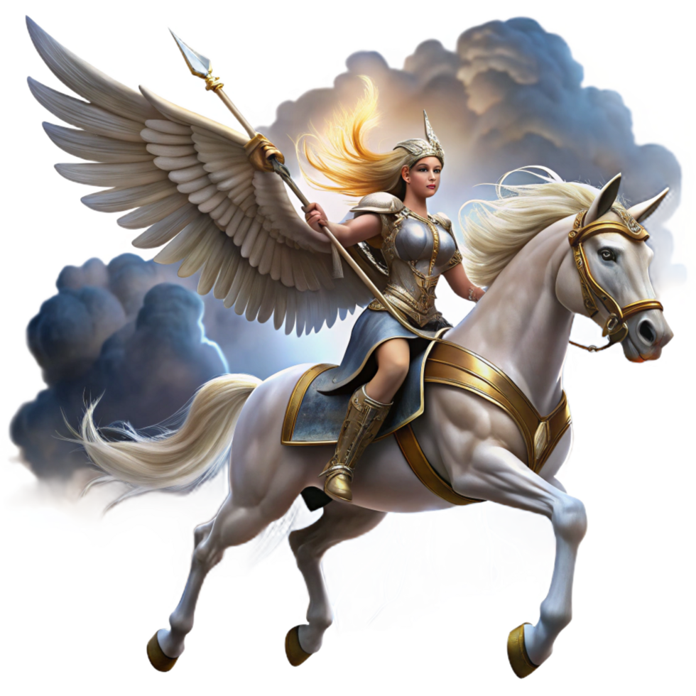 extraordinary dreamy mid century A fierce Valkyrie riding a winged horse through a stormy sky, clad in shining armor, dramatic lighting with dark clouds, Art Nouveau style, professional png