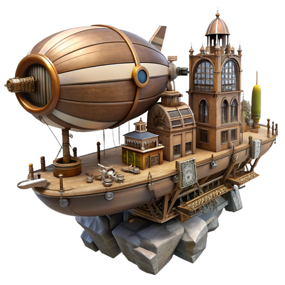 hypnotic avant garde A steampunk airship docking at a floating city, intricate gears and pipes, retro futuristic, dieselpunk, detailed, premium png