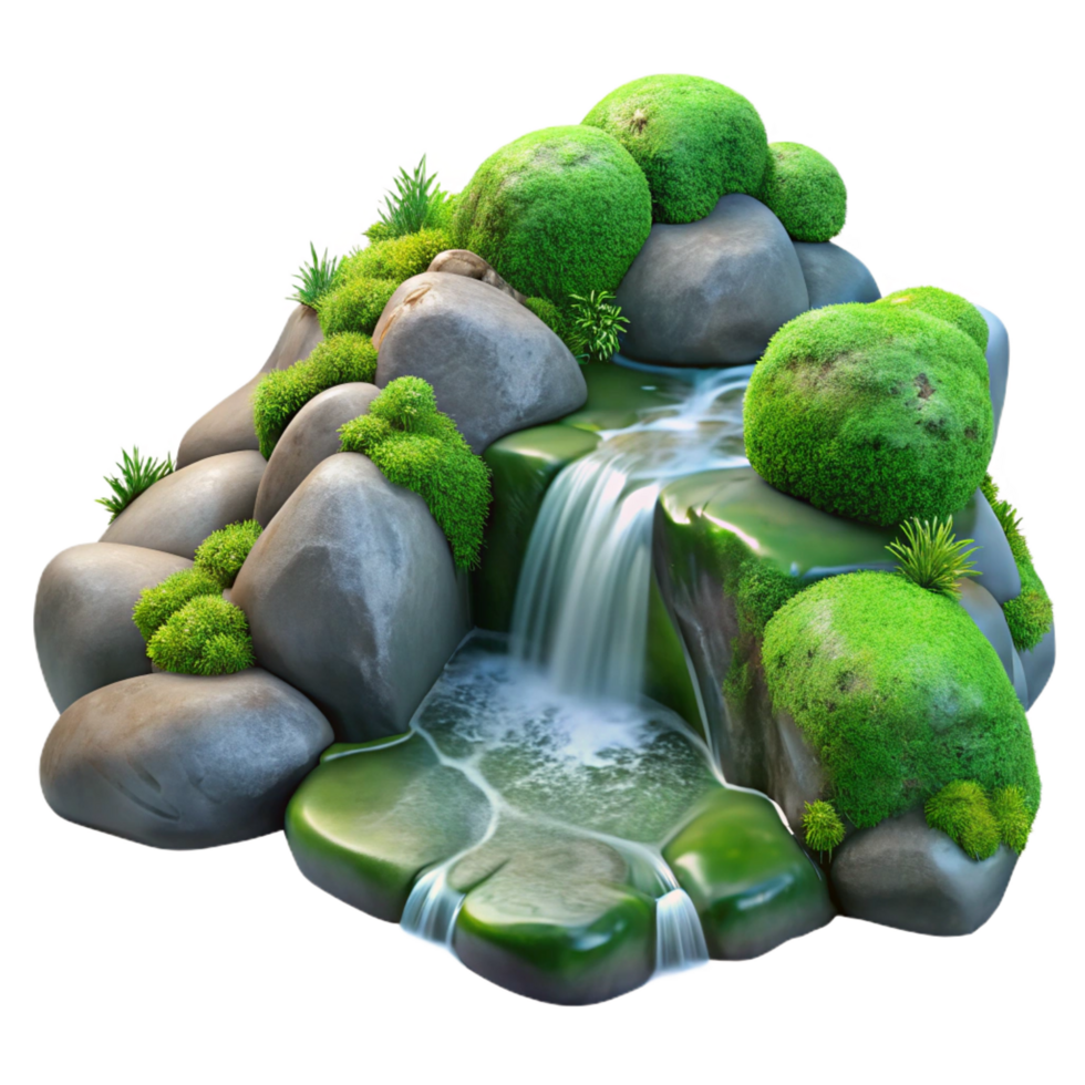 magnificent iconic A crystal clear stream cascading over moss covered rocks in a sun dappled forest. Hyperrealistic, detailed textures, vibrant colors png