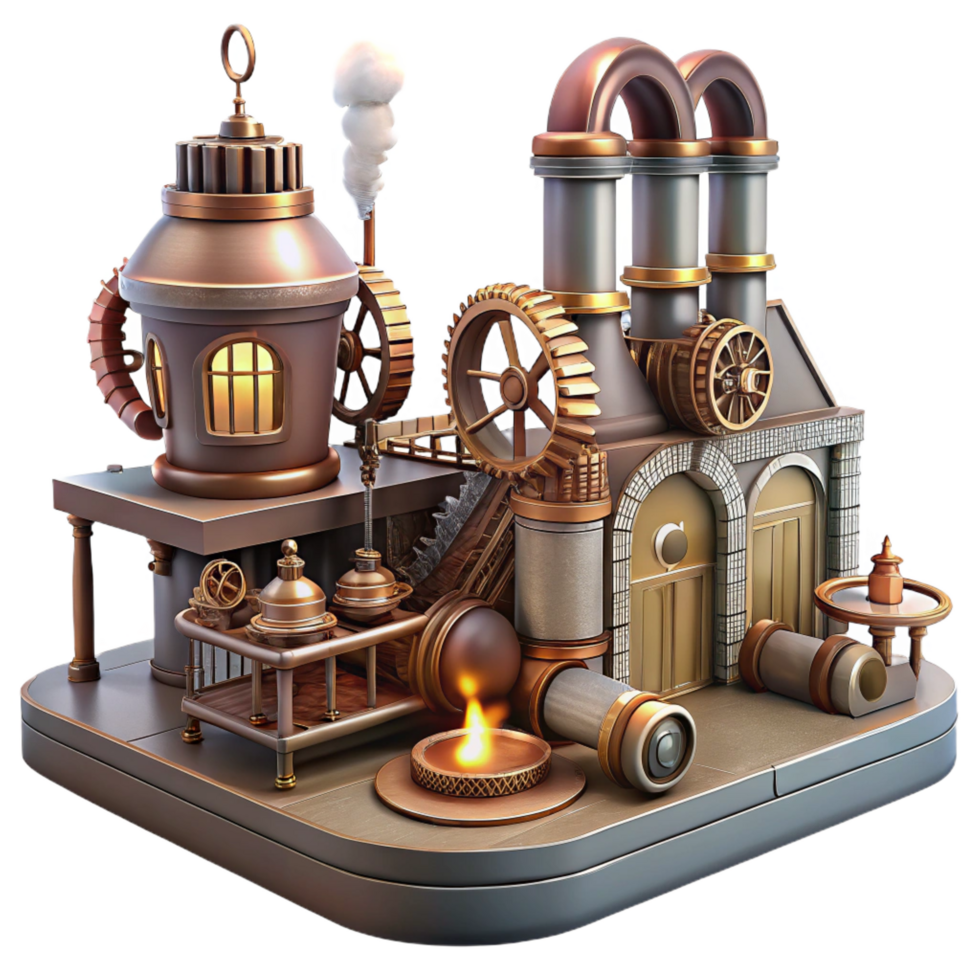 stunning industrial A steampunk factory interior with gears, pipes, and steam, industrial lighting, concept art style high quality png
