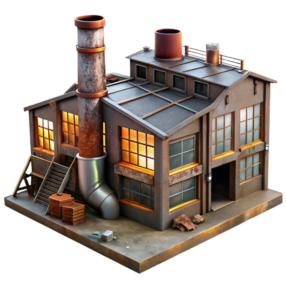 sought after modern An abandoned factory with broken windows and rusty machinery, dim industrial lighting, dystopian style fine detail png