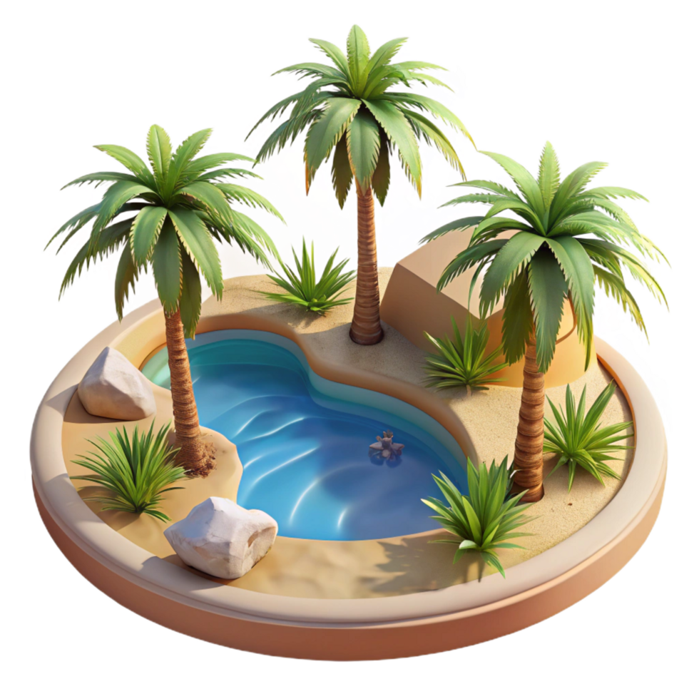 exquisite renaissance A desert oasis with palm trees and a reflecting pool, bright midday sunlight, photorealistic render gallery standard png