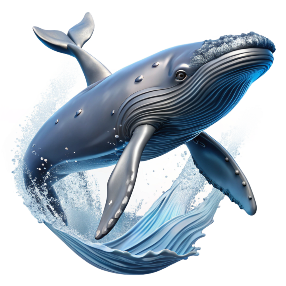 pristine unforgettable A majestic humpback whale breaching the surface of the ocean, water cascading down its massive body, illuminated by the bright sunlight. Photorealistic style, dynamic action png