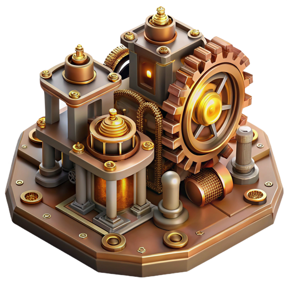 magnificent exemplary An intricate clockwork city, gears and cogs visible throughout, steampunk style, warm and inviting lighting, isometric view png